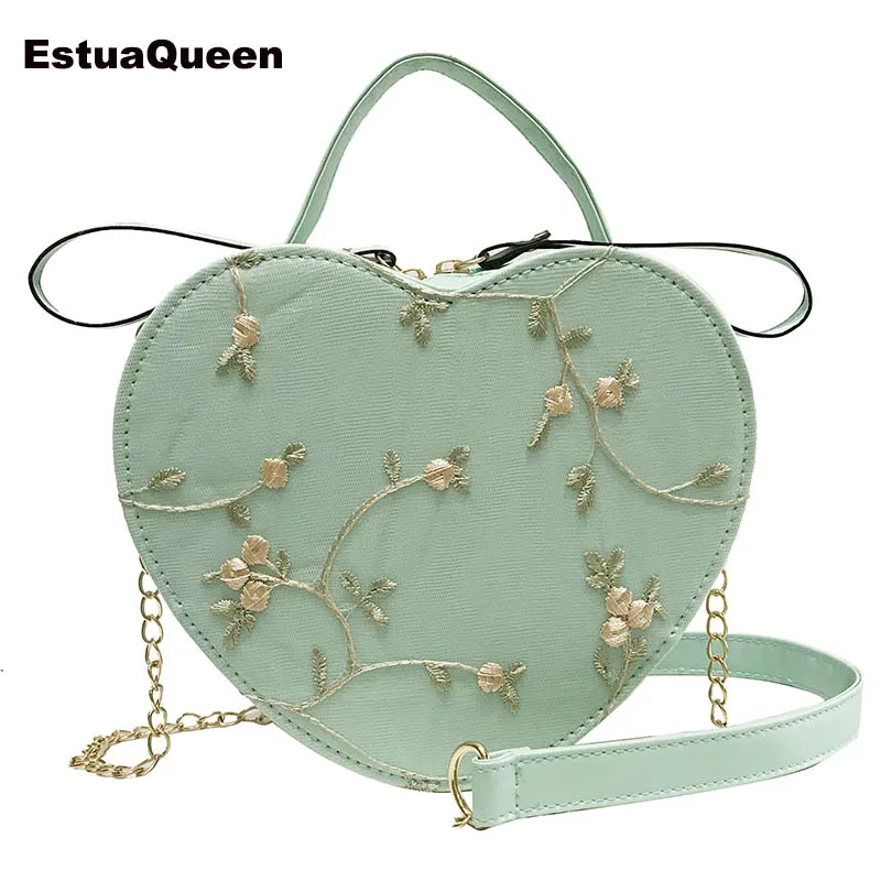

Ins Hot sale Floral Embroidery Handbag Purse Shoulder Bag Heart Shaped Leather Chain Messenger Bags Crossbody Clutch Small Bag