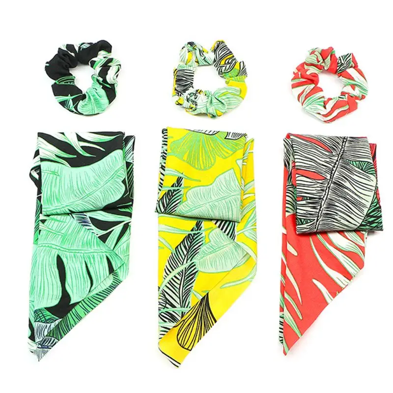 

Tropical Women Boho Floral Leaf Printing Hair Rope Detachable Ribbon Bowknot Headband Scarf Ponytail Holder Large Intestine