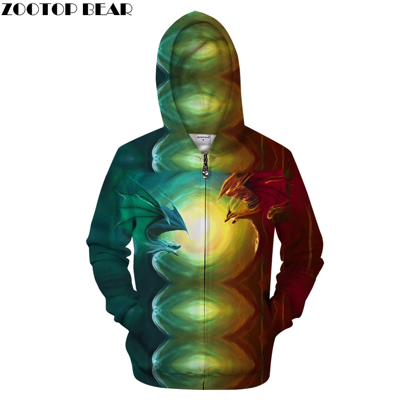 Fight Dragon Prints Hoodies Unisex Hoody Zipper Sweatshirt Autumn Mens