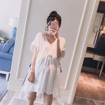 

Sweet Maternity Pregnancy Dress Tops Summer Fashion A Line Loose Clothes for Pregnant Women V Neck Pregnancy Dress Shirts