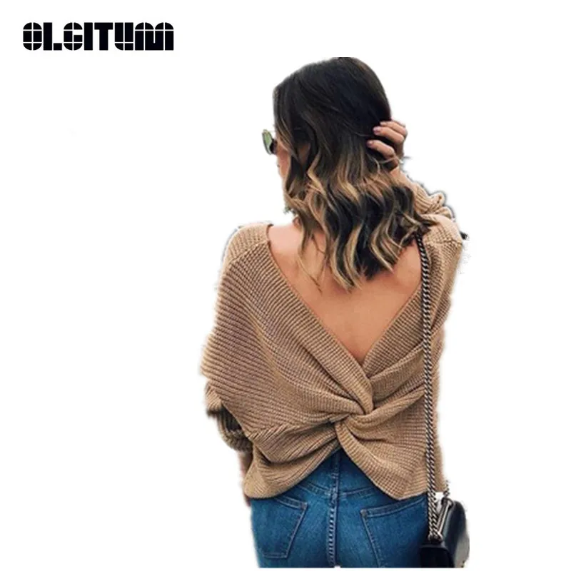 

Женский трикотажный свитер с открытой спиной, V-образным вырезом и длинным рукавом