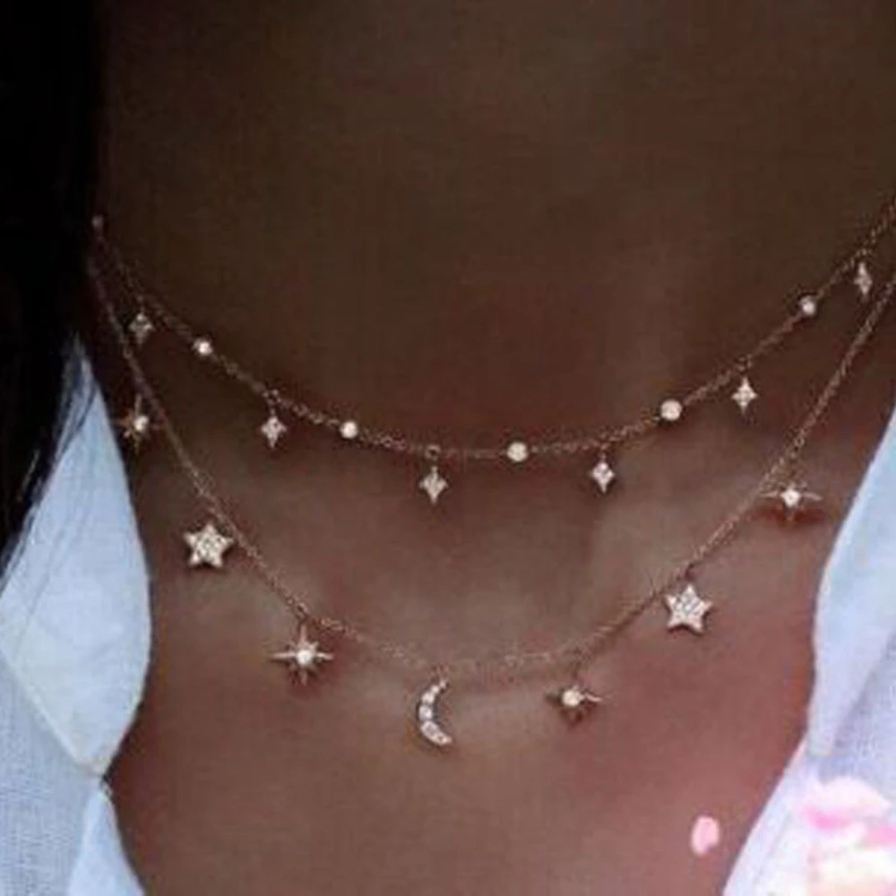 

New Multilayer Crystal Star Moon Pendant Necklace for Women Bohemian Vintage Necklaces Fashion Collar Costume Jewelry