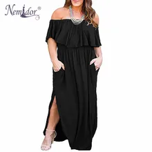Nemidor Women Upper Flounce Layer Off The Shoulder Party Long Dress Vintage Loose Pockets Plus Size 7XL 8XL 9XL Split Maxi Dress printing off the shoulder flounce dress