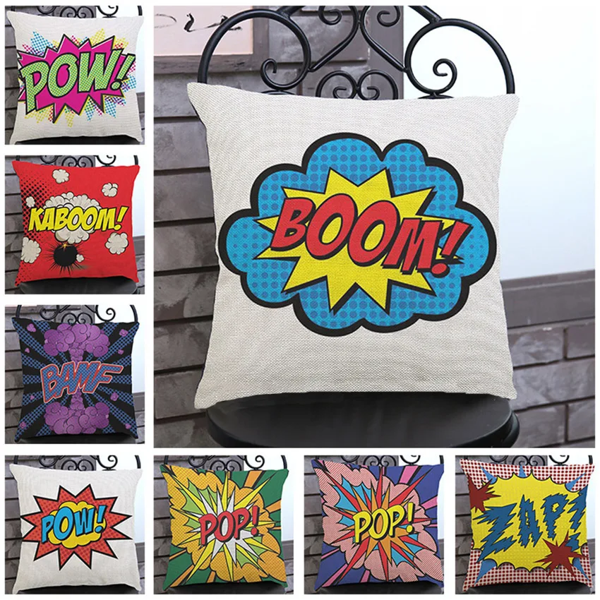 

Comic Voice Words Letters Print Cushion Cover Funny BOOM POP ZAP Graffiti Decorative Pillows Cover Modern Art Throw Pillow Cases