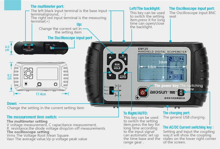 All-sun 2 в 1 Многофункциональный осциллограф 25 МГц мультиметр цифровой Ручной Scopemeter Вольтметр Омметр емкость EM125