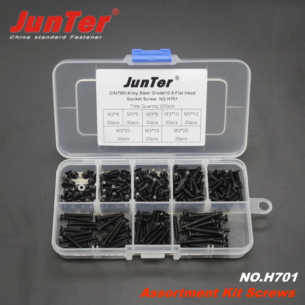 

200pcs M3 (3mm) Alloy Steel Grade10.9 High Tensile Socket Flat Head Screws DIN7991 Assortment Kit NO.H701