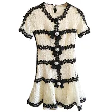 Брендовое модное женское роскошное летнее элегантное кружевное платье с вышивкой, тонкое платье с жемчужными пуговицами и бантом