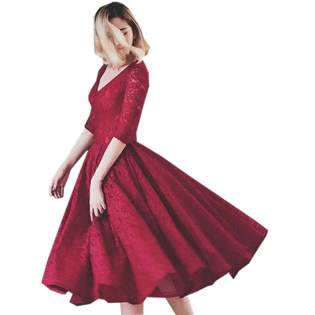 

Sleeper #401 2018 NEW FASHION Sexy Womens V Neck Half Sleeve Lace Vintage Gown Evening Party Dress elegant solid Free Shipping