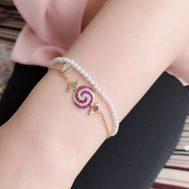 Sweetie Red Zircon Lollipop Candy Charm Bracelet with Pearl 925