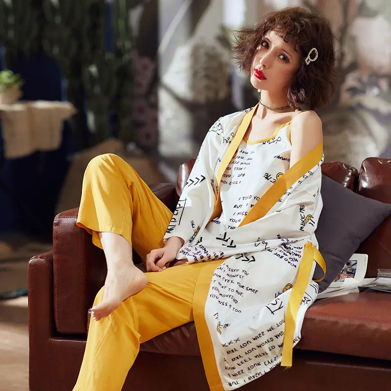 

3 Piece Pajamas Pant Sets Women Spring Autumn Sexy Sling Tops Robe Long Pants Cotton Print Home Nightgown Korean Sleepwear f718