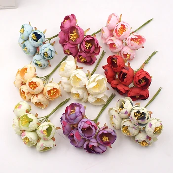 

6Pcs Artificial Flowers Mini Tea Rose Bud For Wedding Home Decoration Jewelry Accessories Fleurs Scrapbooking DIY Craft Supplies