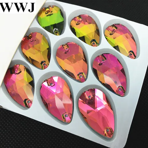 

15Pcs/Lot Rainbow Color Teardrop Sew On Stone Flatback 2 Holes 17x28mm Pear Drop Sewing Glass Crystals 2Holes Dress