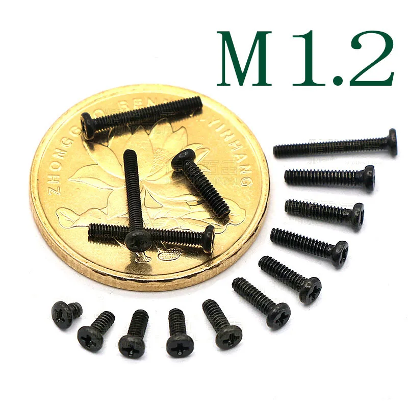 

100Pcs M1.2x(2.5/3/3.4/4/5/6/8/10mm) Carbon Steel Phillips pan round head screw cross bolts Precision miniature screws BLACK