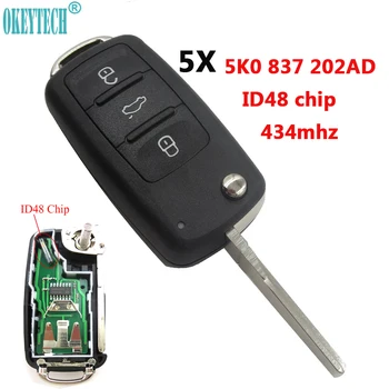 

OkeyTech 5PCS 5K0837202AD Car Remote Flip Key Fob 434MHz ID48 Chip for Volkswagen New Bora New POLO Sagitar Touran 5KO 837 202AD