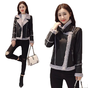 

Short PU leather lambswool jacket coat female 2018 winter thicken warm leather coats womens locomotive jacket ladies bomber coat