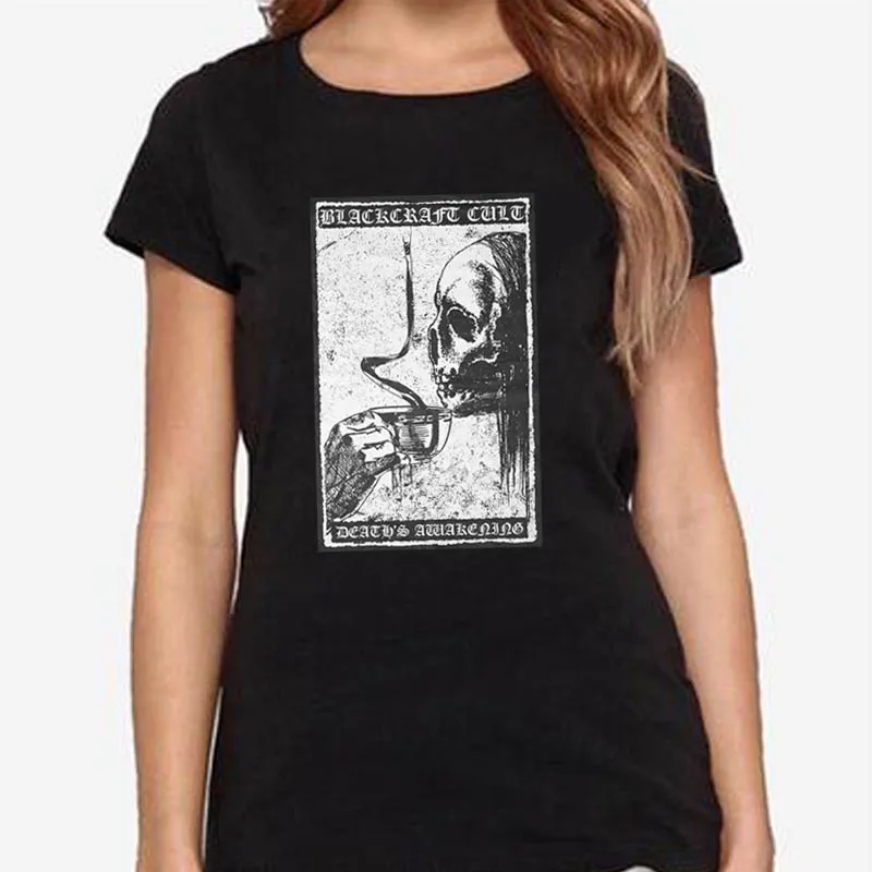 

2019 Summer T-Shirt Skull Print Causal Women Short Sleeve O-Neck Punk Style Tee Tops Fashion Black Tops Tees Female T-Shirt