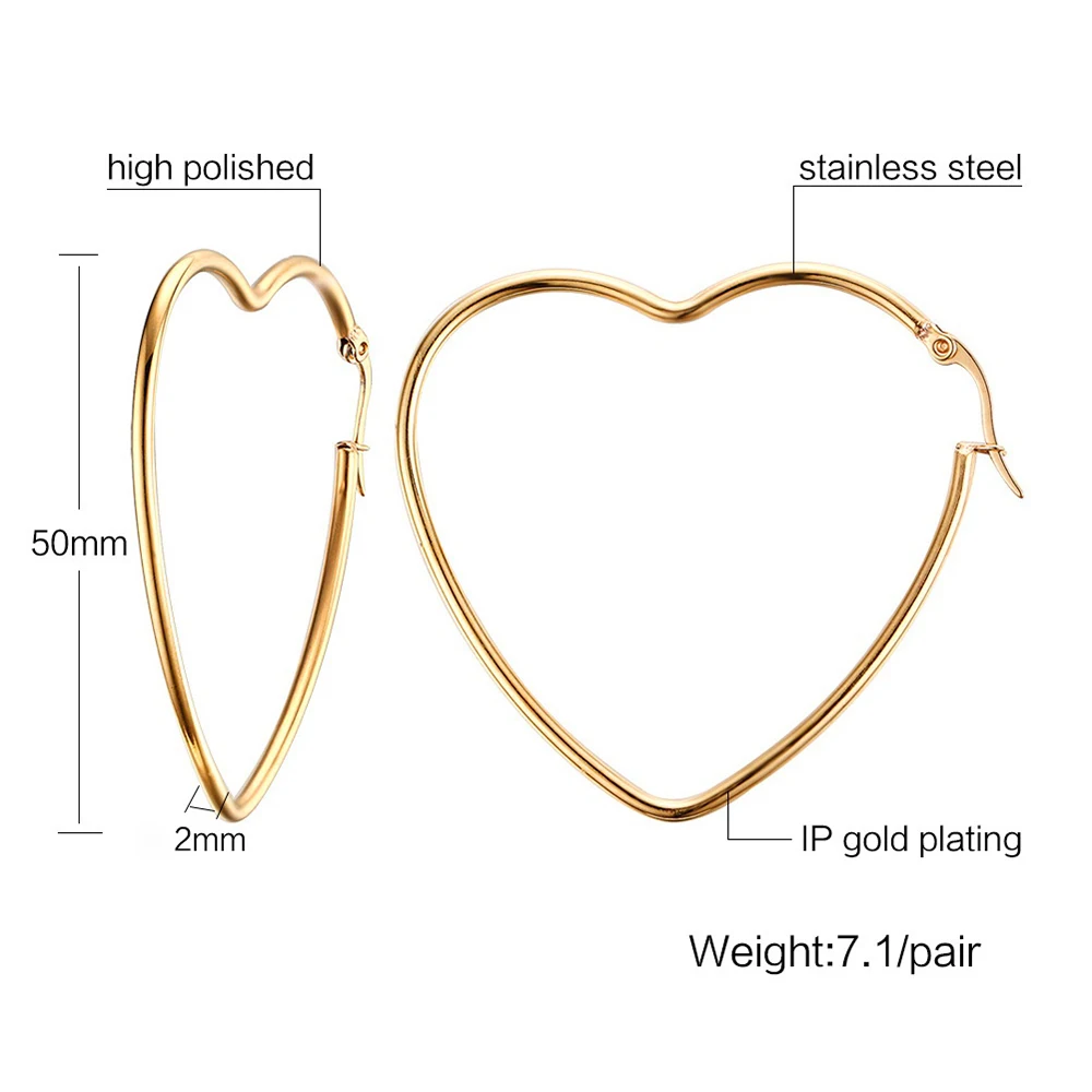 JHSL Brand Fashion Jewelry Cute Young Lady Women Big Heart Shape Hoop Earrings Gold Color Cocktail Party Gift