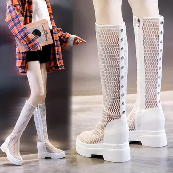 

Summer Fashion Mesh Hollow Rivets Platform Long Women Knee High Boots Slip On Cut Out Height Increasing Lady Shoes 20190430