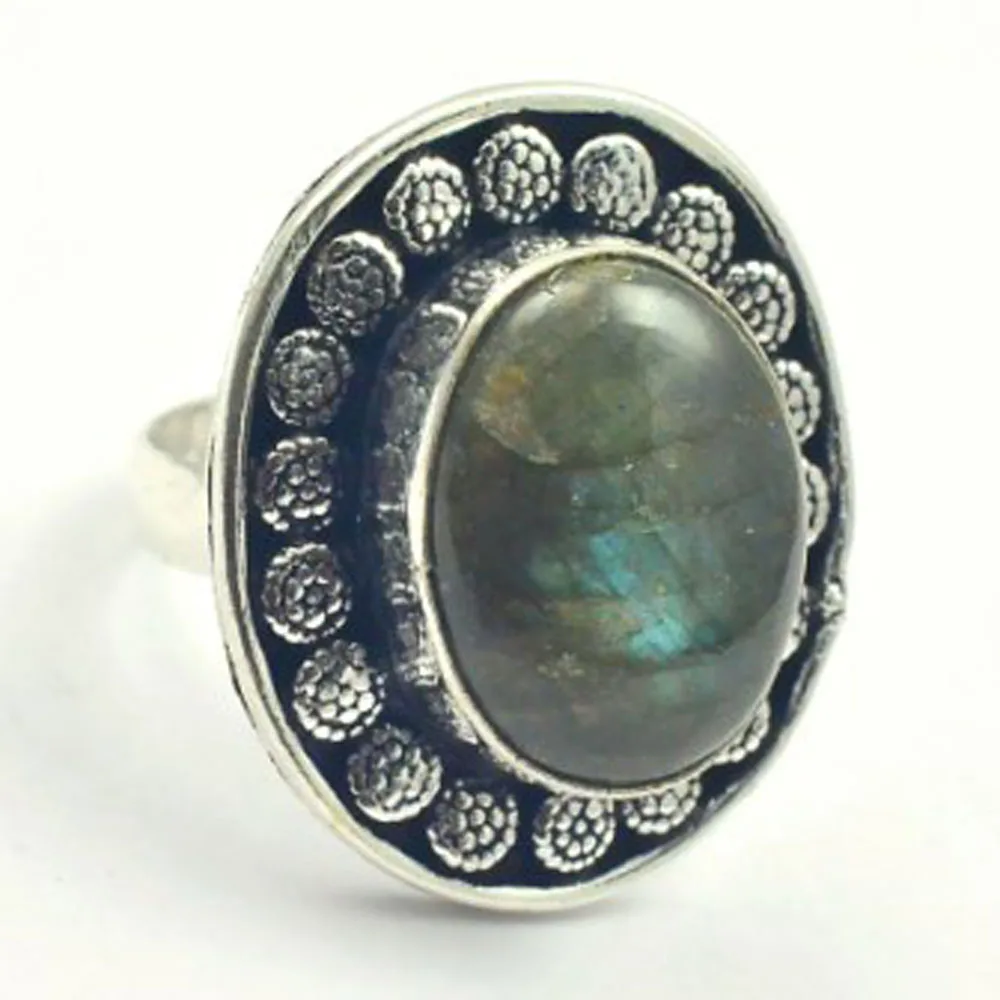 

Labradorite Ring Silver Overlay over Copper, USA Size 8.25 , R4059