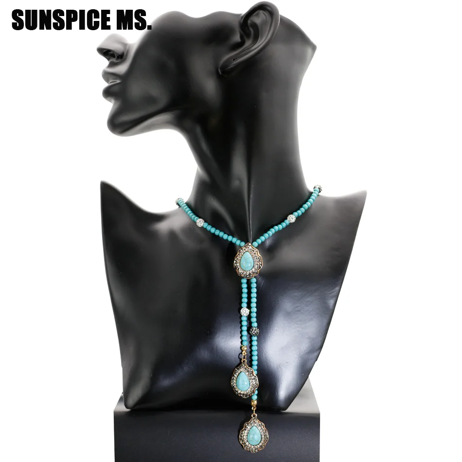 

SUNSPICE MS Turkish Vintage Beads Stones Long Necklace Women Sweater Chain Antique Gold Color Bohemia Ethnic Jewelry Gift New