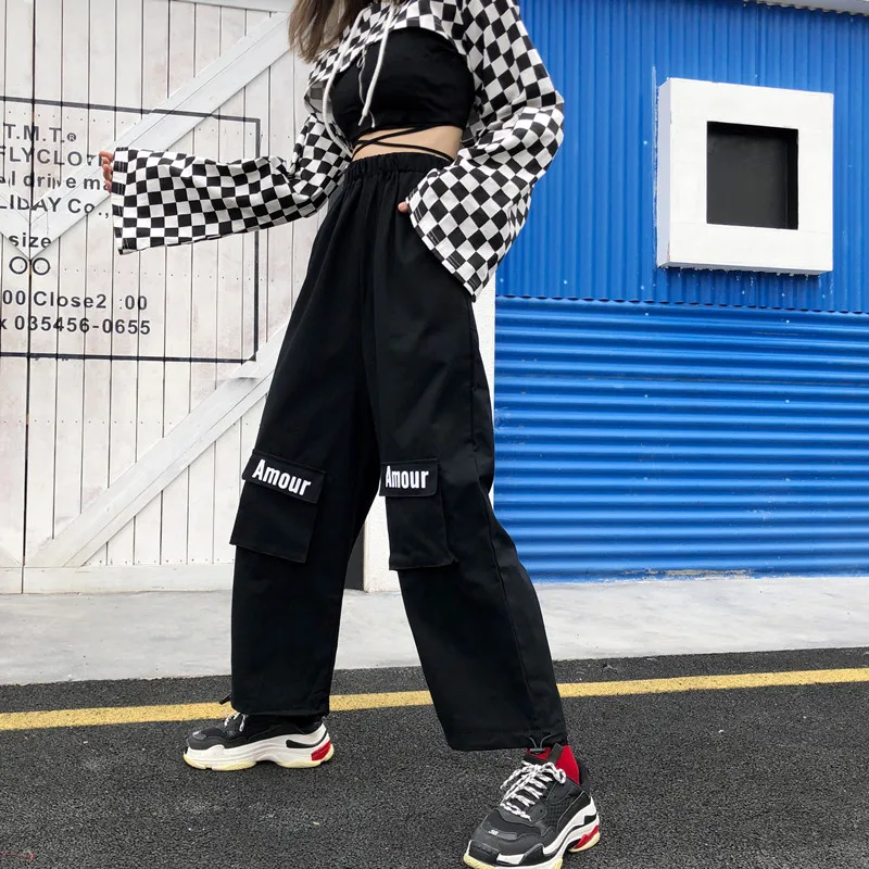 Ulzzang/женская одежда в Корейском стиле черные брюки карго с буквенным принтом