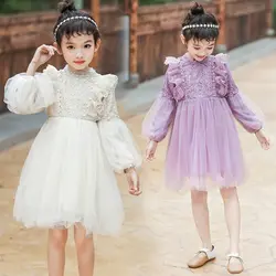 Карнавальный костюм для девочек на Хэллоуин, детское платье, Сетчатое платье с пышными рукавами, флисовое кружевное платье принцессы