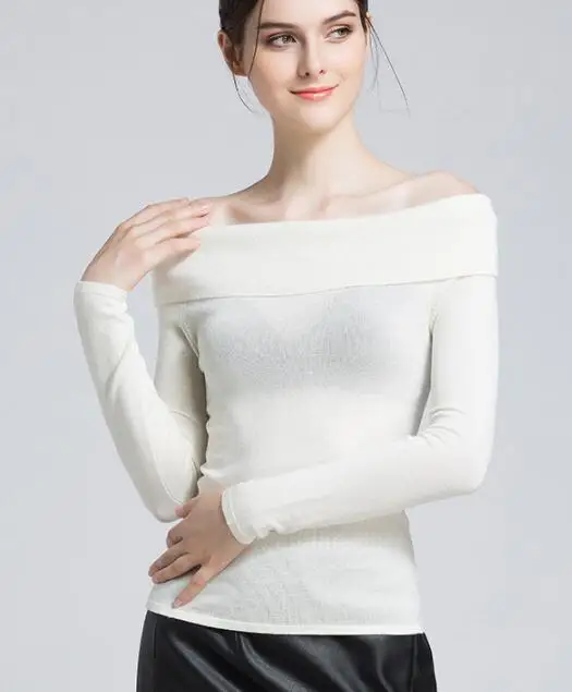 Tenglongwl Autumn Winter long sleeve Women Sweater slit neckline Strapless Sweater thickening 