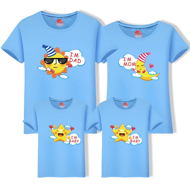Family Matching Outfit Summer Short Sleeve T Shirt Top Clothes Cotton Mother Father Son daughter Dress Cartoon Sun Moon LD10392