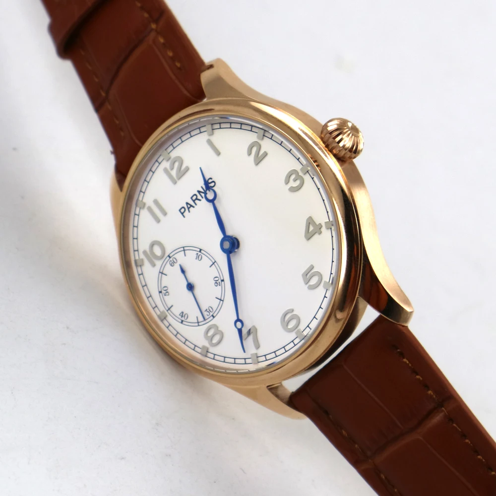

44mm parnis white dial blue hands 6497 hand winding mens wrist watch