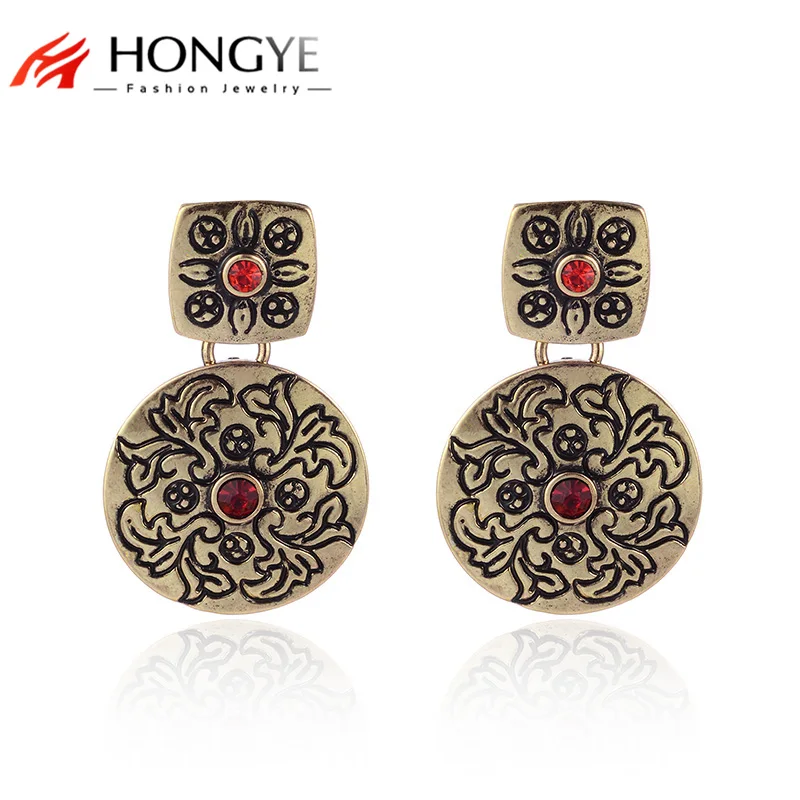 

HONGYE New Arrival Bohemia Vintage Indian Jewelry National Tibetan Silver Carving Crystal Retro Round Drop Earrings For Women