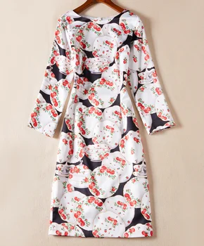 

New Deigner Women Print Dress Fashion O-Neck Sheath Dresses C3319