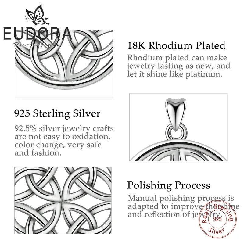 EUBORA, 925 пробы, серебряные, на удачу, ирландский круглый кельтский узел, винтажные ожерелья с подвесками, цепочка 18 для женщин, модное ювелирное изделие