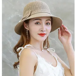 Летние Женские однотонные пляжные головные уборы с бантом 2019 элегантные перламутровые соломенные шляпки повседневные женские