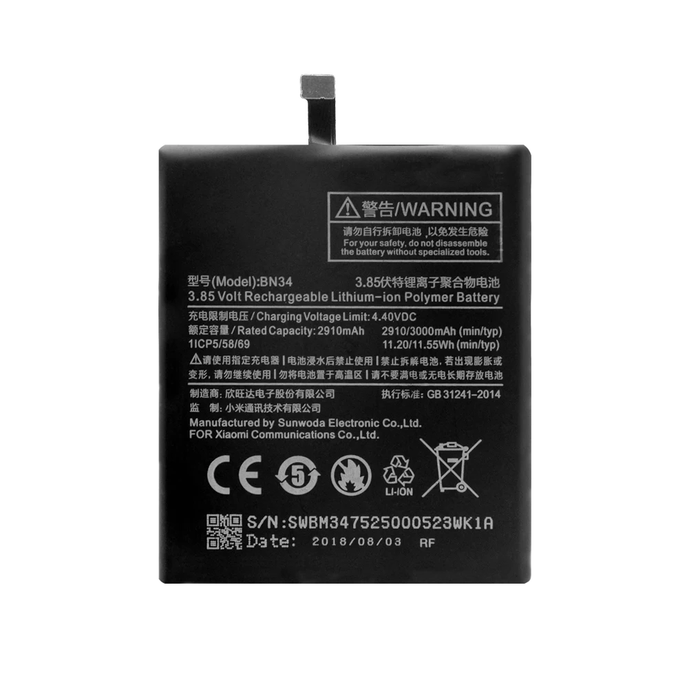 Аккумулятор для телефона 3,85 V 2910/3000mAh BN34 BN 34 литий-ионная аккумуляторная батарея для Xiaomi Redmi Hongmi 5A - Цвет: 1pc black