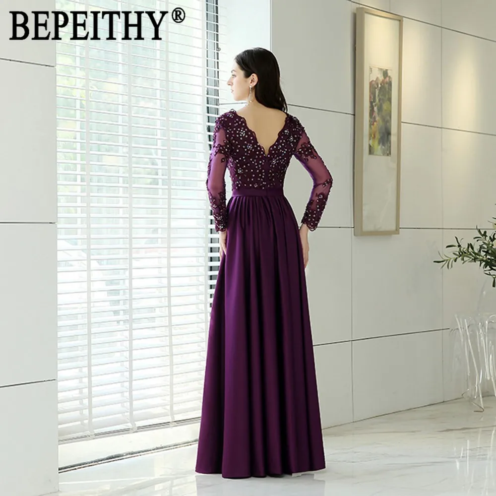 BEPEITHY vestido de festa Новое поступление элегантные кружевные бусы с v-образным вырезом Фиолетовый атласный пояс сексуальный длинный рукав с разрезом вечерние платья