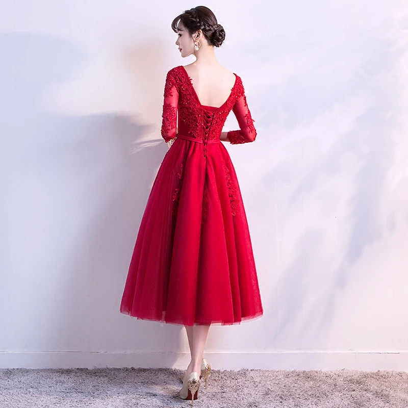 2019 New Evening Dress Long Sleeved Tea-Length Prom Gowns V-Neck Tulle Applique Formal Party Dresses Vestido de Festa