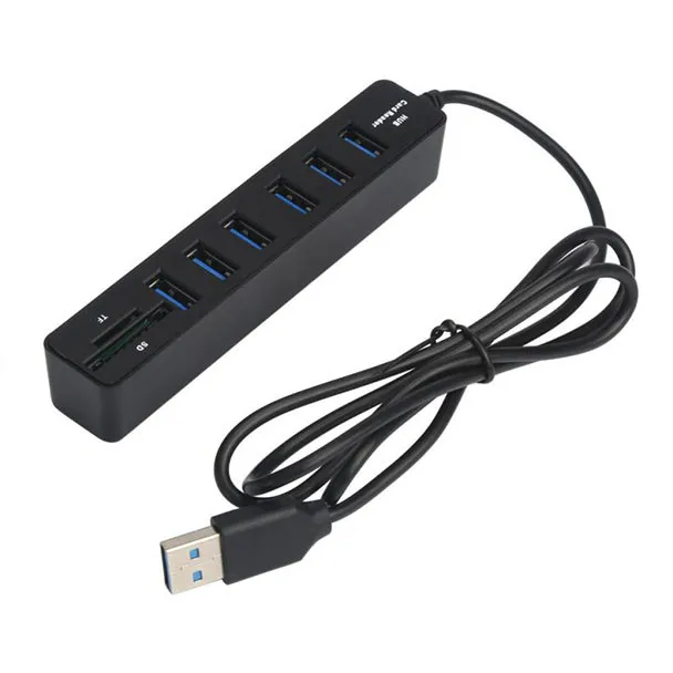 2 in1 Combo Super Speed USB 2.0 6 Port Splitter HUB With TF SD Card Reader BK HUB Splitter With Power Adapter 718/ - Color: Black