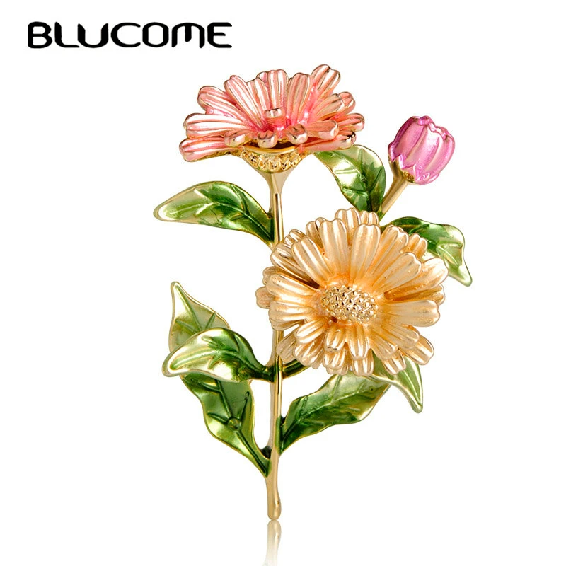 

Blucome Beautiful Pink Chrysanthemum Flower Brooches Pins Enamel Gold Color Corsages Pin Party Dress Suit Clips Ornament Jewelry