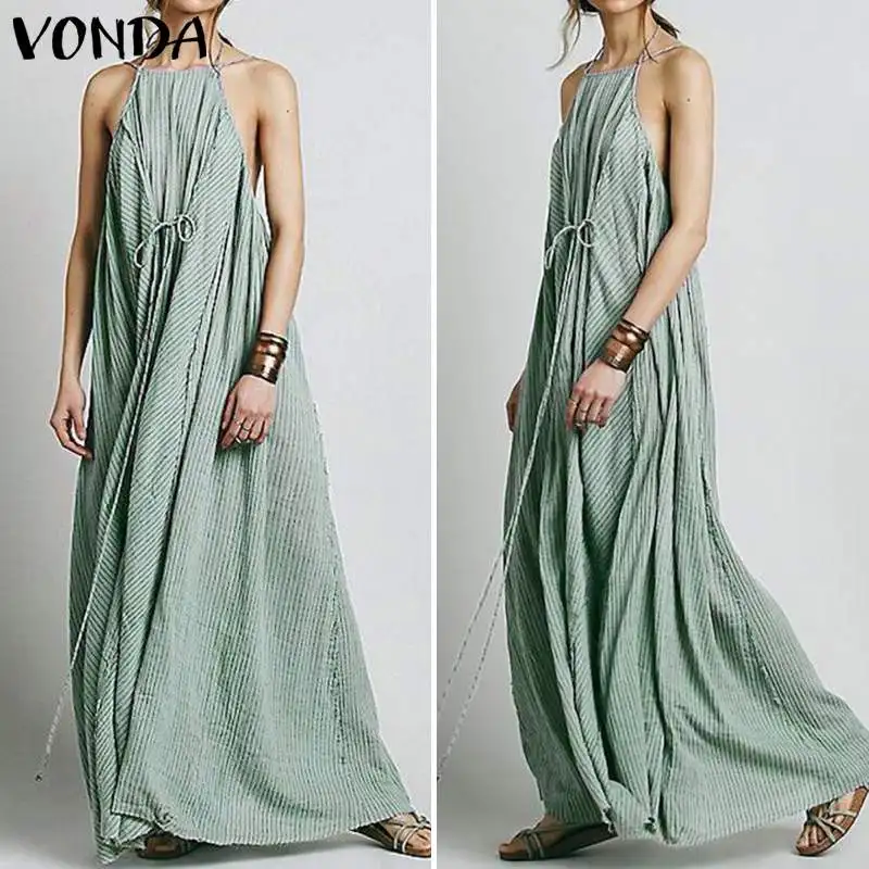 Длинное летнее платье макси 2019 VONDA винтажное повседневное свободное сексуальное