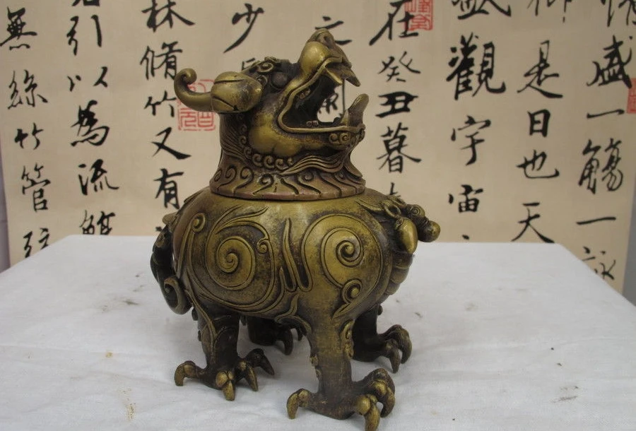 

Tibet Buddhism Monastery old Bronze Lion Brave troops beast incense burner a 0518