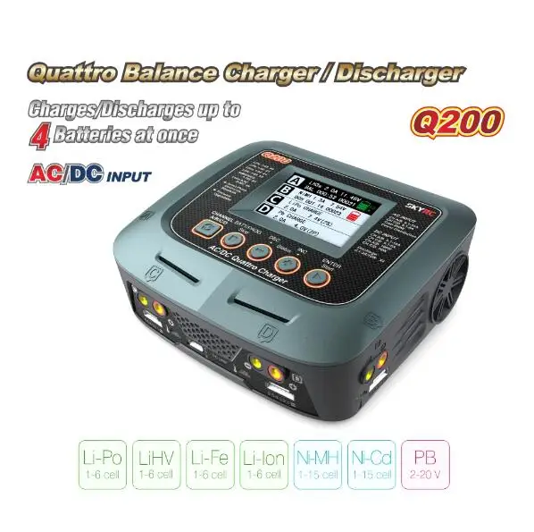 

SKYRC Q200 1 to 4 intelligent charger/Discharger AC/DC for Lipo/LiHV/Lithium-iron/Lithium Ion/NiMH/NiCD/Lead-acid battery