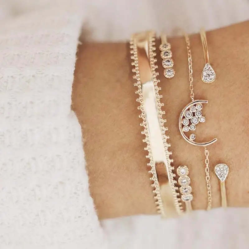 

4pcs/set Fashion Rhinestone Water Drop Open Bangle Women Bracelet Jewelry Water Drop Crystal Open Cuff Bangles Set Dropshipping