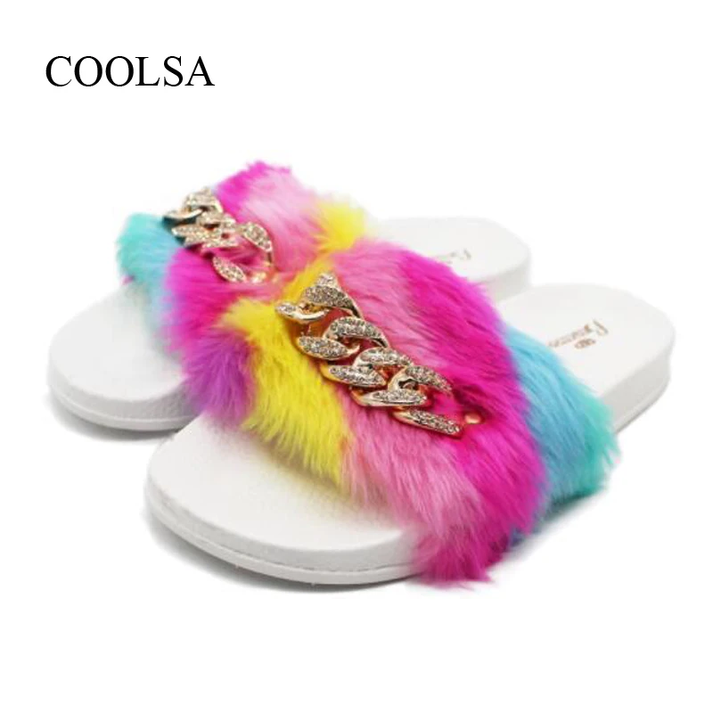 

COOLSA Womens Winter Flat Rainbow Home Fur Slippers Outside Diamond Chain Slippers Non-slip Warm Plush Slippers Women Flip Flops