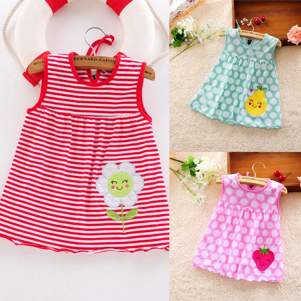 

Toddler Cute Baby Cotton Flower Children Dot Striped Tees Dress T-Shirt Vest