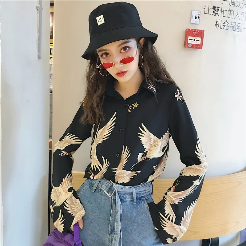 

Women's Shirts Ulzzang Japanese Kawaii Ladies Printed Crane Single Breasted Shirt Female Korean Harajuku Cute Clothes For Women