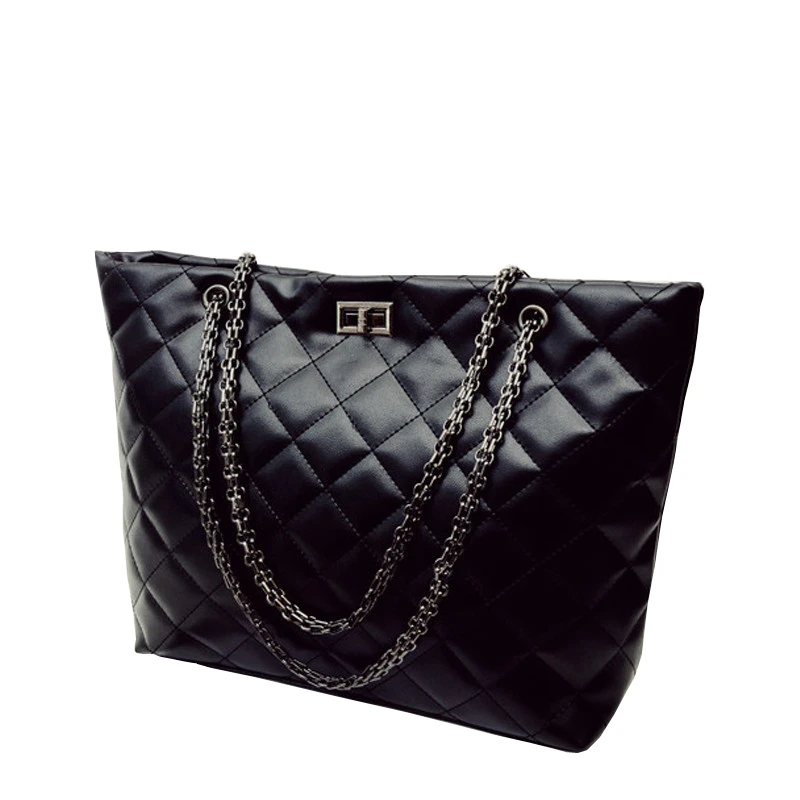 

chain shoulder big Diamond pure color bag large capacity portable shopping pu leather cross body iron chain woman handbags