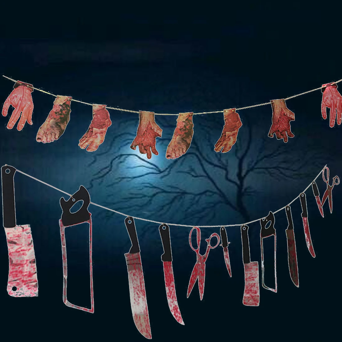 

Nice Horror Spooky Halloween Party Haunted House Hanging Garland Pendant Banner Decoration Blood Bodys and Knifes Tools