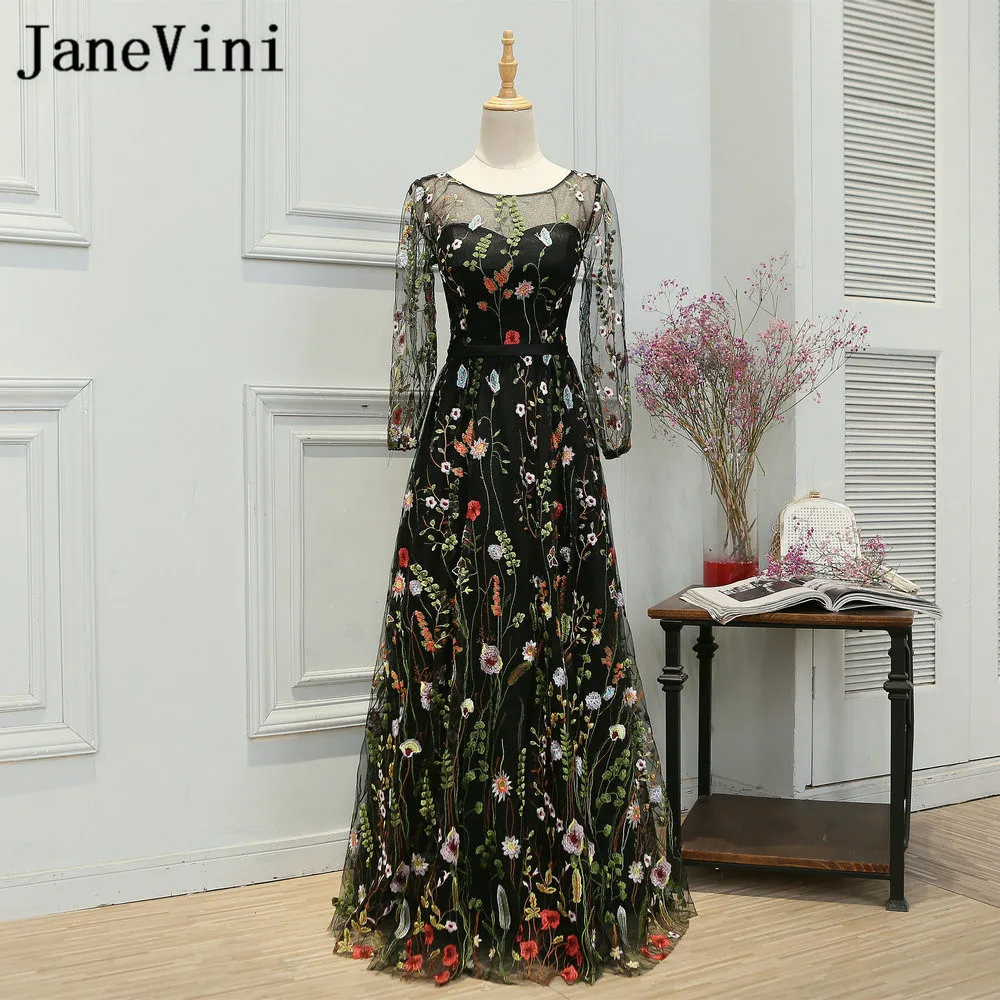 

JaneVini Long Sleeve Black Bridesmaid Dresses Girl Lace Embroidery Tulle Women Formal Dress Wedding Party Gowns Floor Length