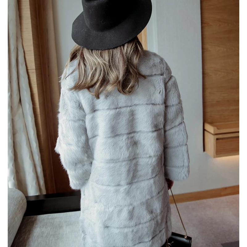 Long 90 cm Plus Size M - 6XL Wave Cut Trim High Quality Whole Skin Natural Rabbit Fur Coats Outerwear Women Real Fur Jackets