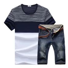 2017 New Male Casual Short Sleeve T-shirt Suits / Men’s Round Neck Striped Stitching T-shirt + Straight Denim Cowboy Shorts